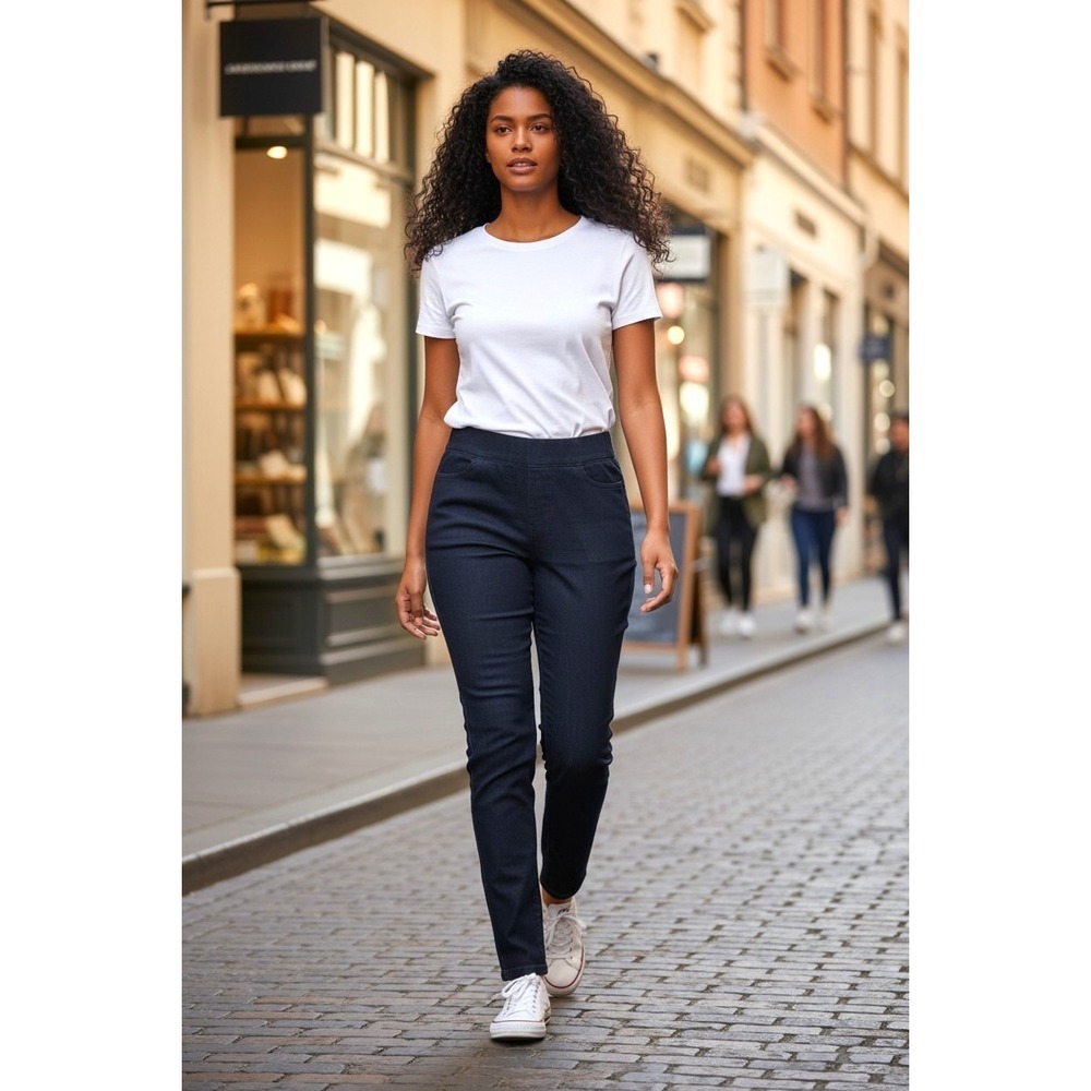 (I-255) Denim & Co Comfy Knit Pull On Straight Leg Jeans Dark Wash Petite Small